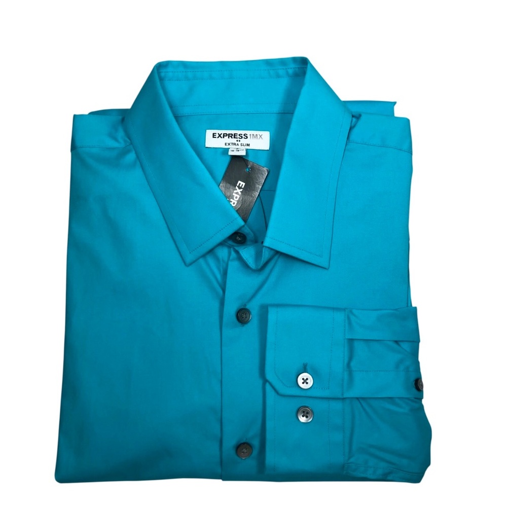 Express Extra Slim Solid‎ Cotton Stretch 1MX Dress Turquoise Shirt L 16-16 1/2